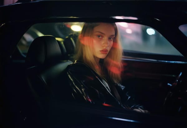 Fotografía de una mujer joven de pelo rubio y ojos azules sentada en el interior de un coche. Imagen generada por IA.